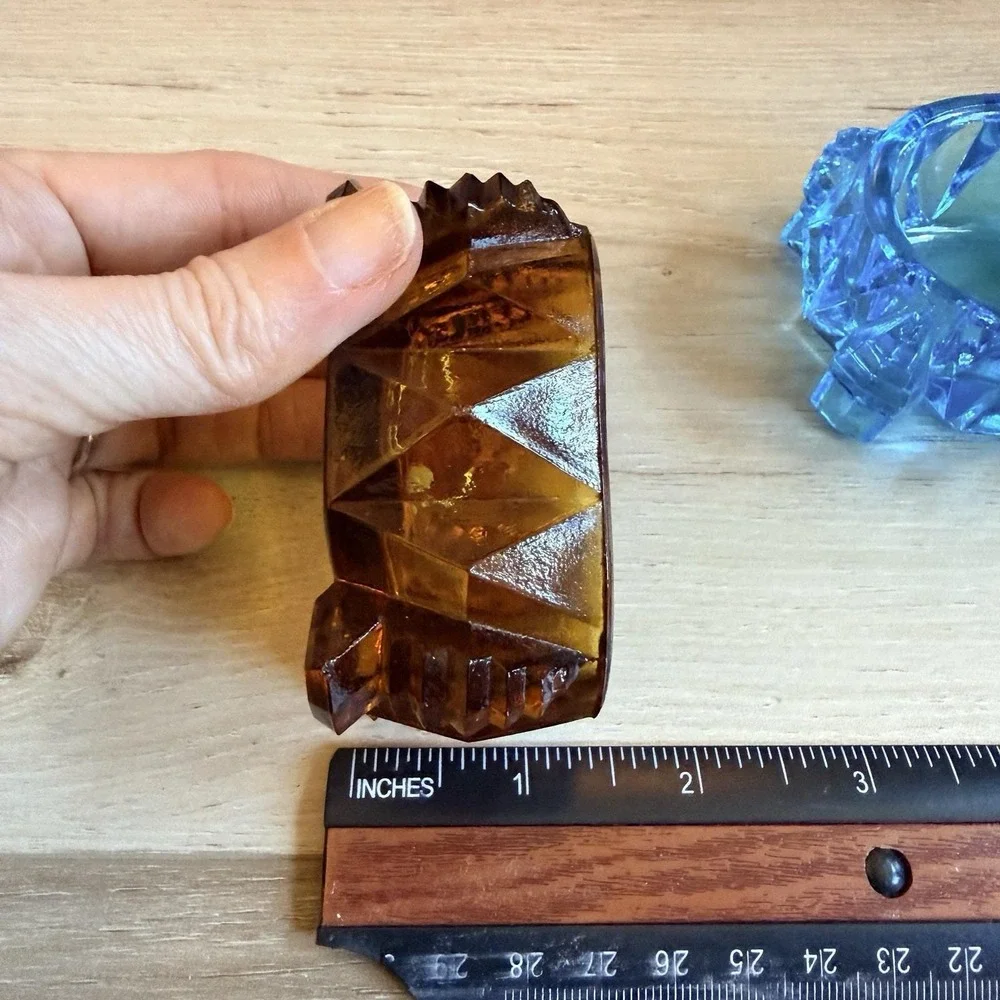 Blue and Amber Pressed Glass Open Salt Cellar Trinket Dish Set of 2